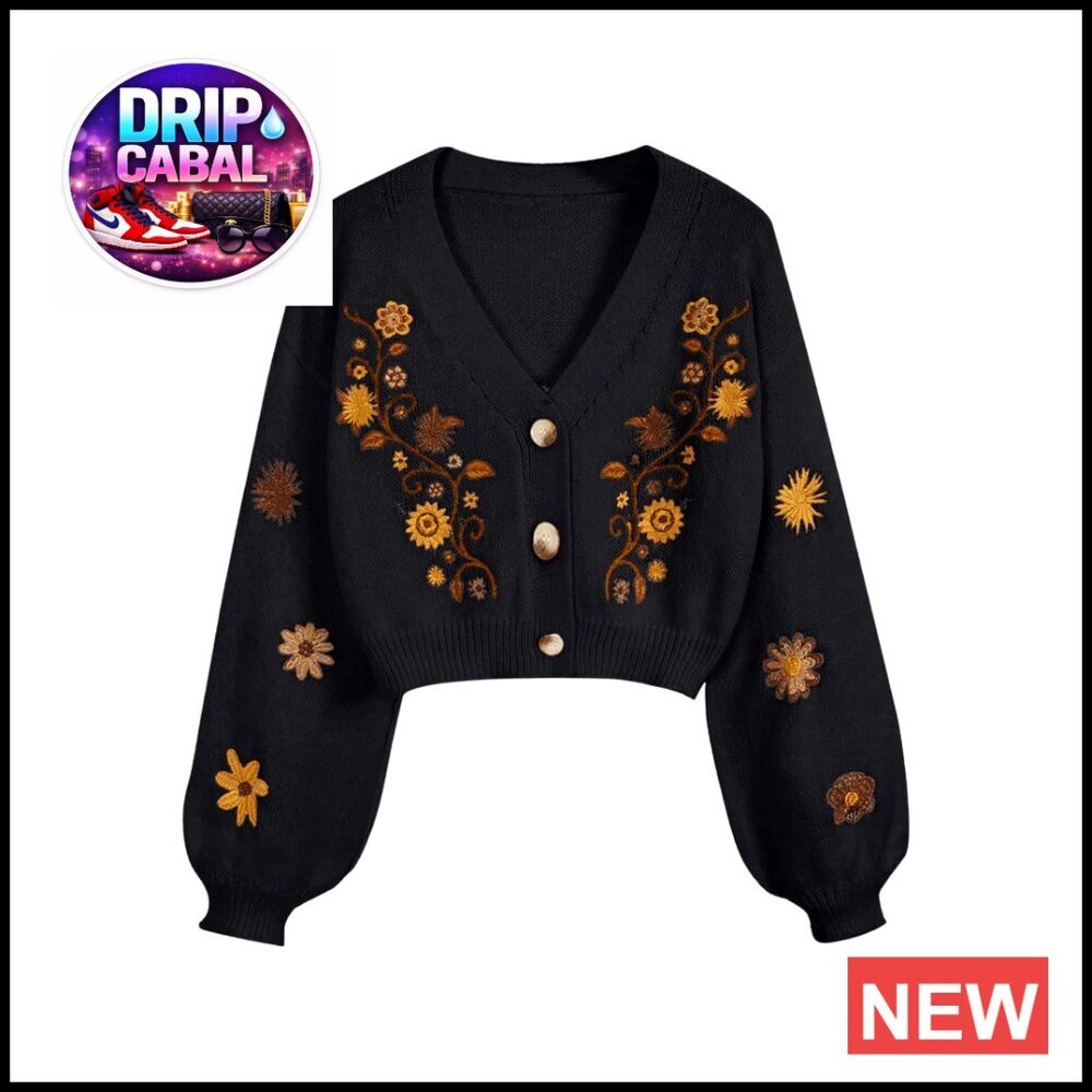 Floral Boho Cropped Cardigan Sweater Vintage Embroidery Button Front Casual Chic